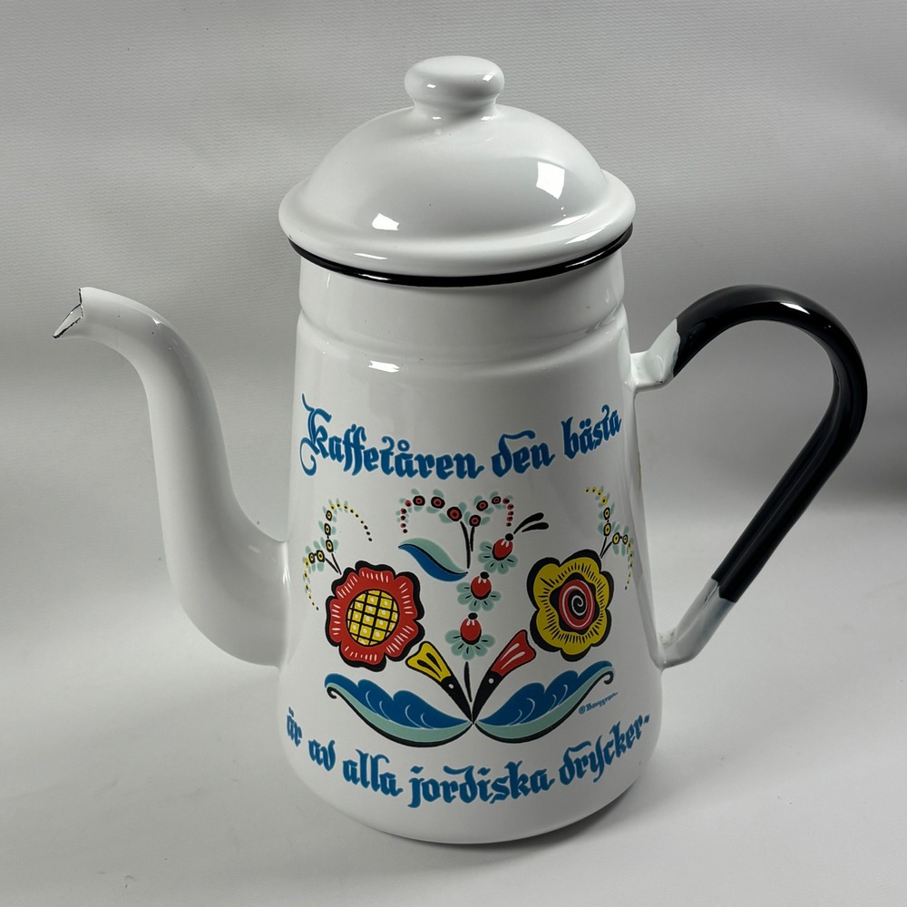 Vtg Berggren Swedish Enamel Pot Server Coffee Is The Best Of All Earthly Drinks
